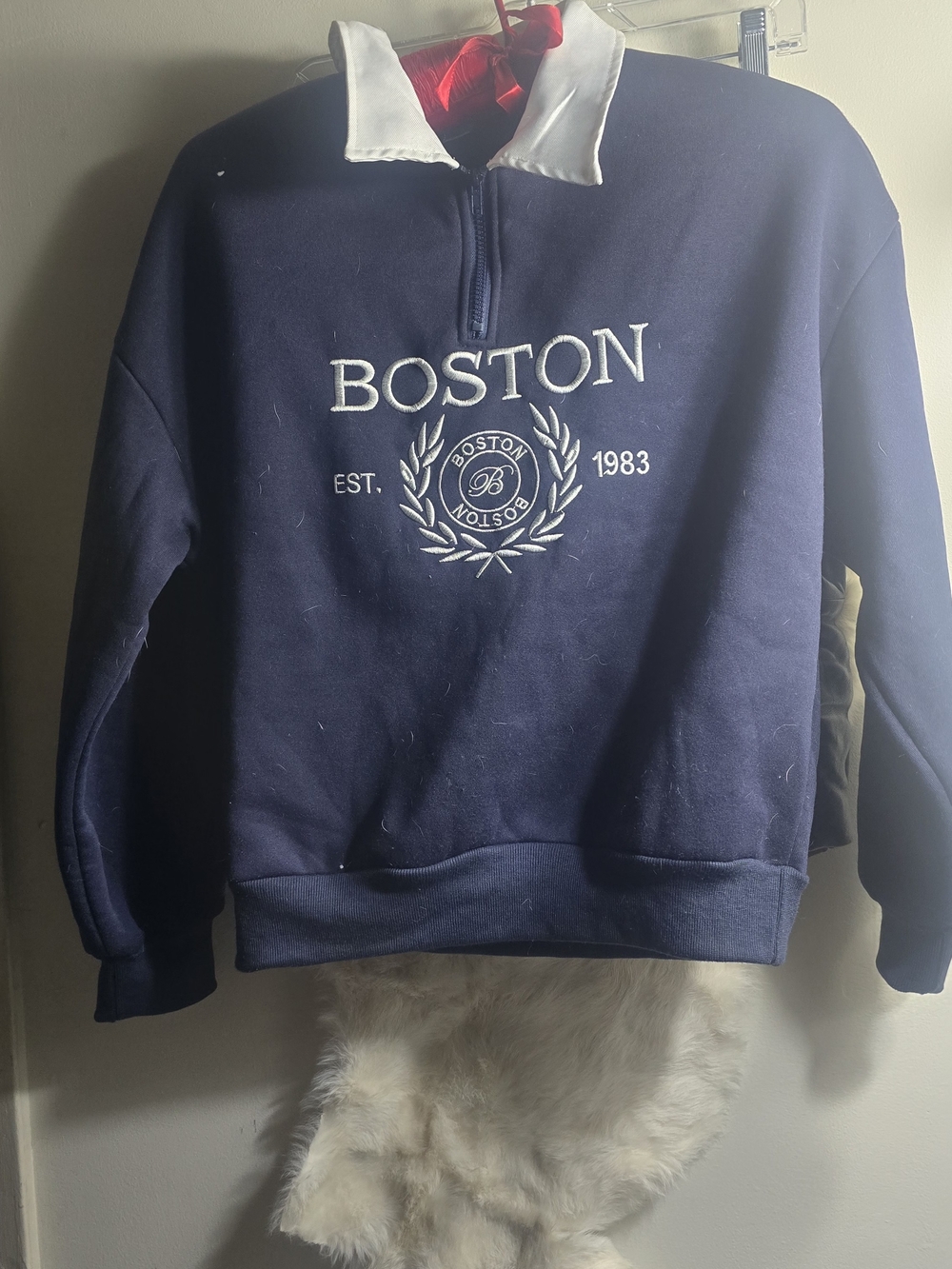 Boston Navy Quarter-Zip Sweatshirt with White Collar Unisex